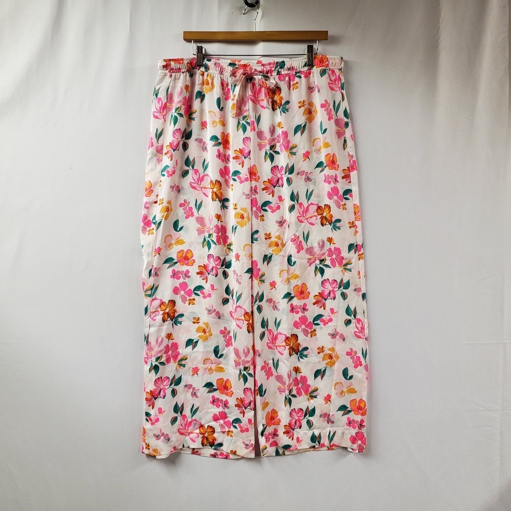 J Crew Satin Sleep Pants Women XL White Pink Floral Drawstring Lounge